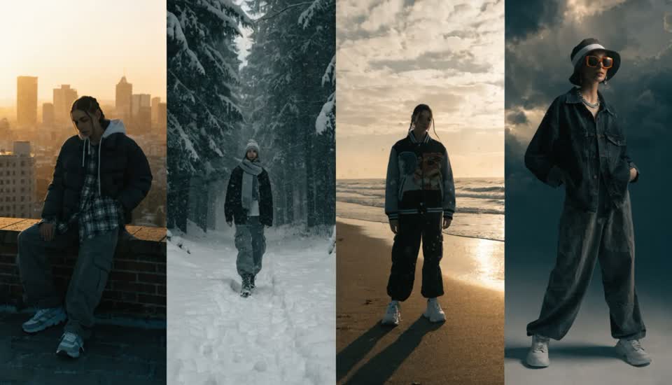 The same character in four different scenes — city, snow, beach, street