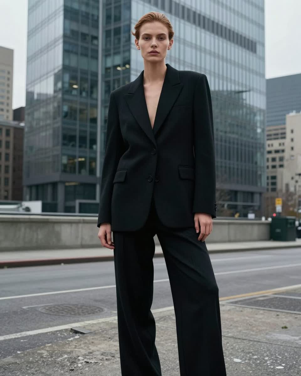 A woman in a black suit on a city street