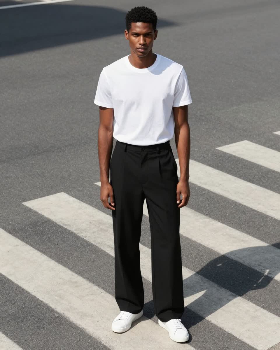 A man in a white t-shirt on a crosswalk