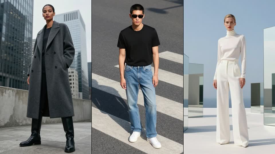 Three outfits on three models in a city setting, generated from garment uploads