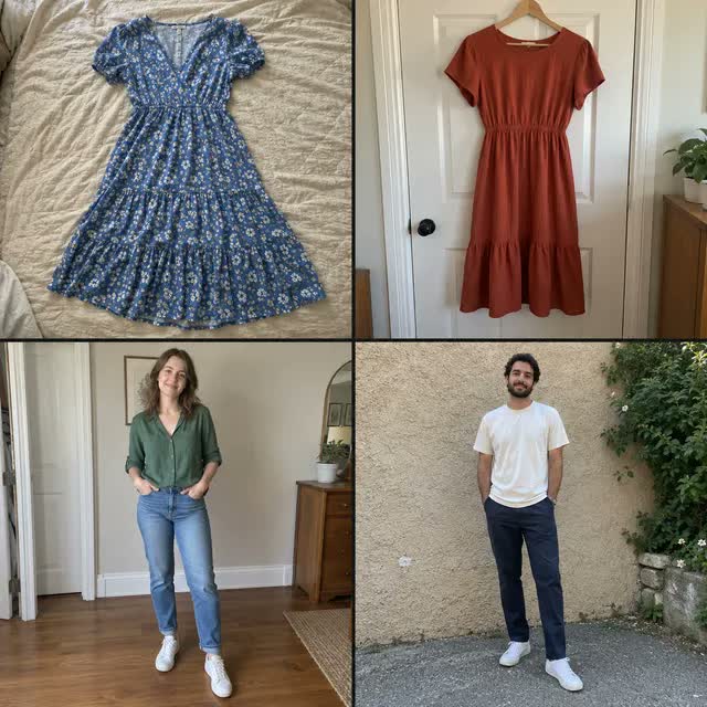Example garment uploads: flat-lays and hanging pieces