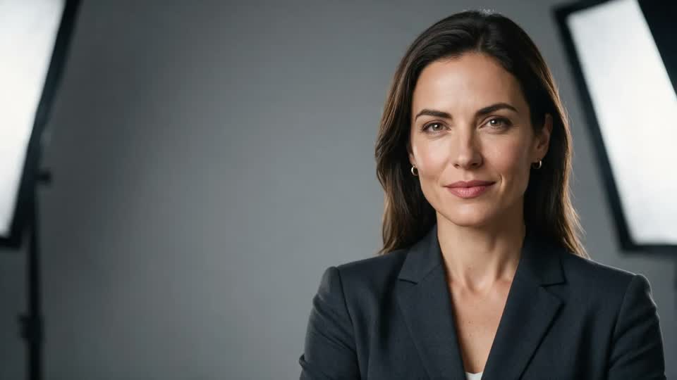 A presenter in a clean studio look