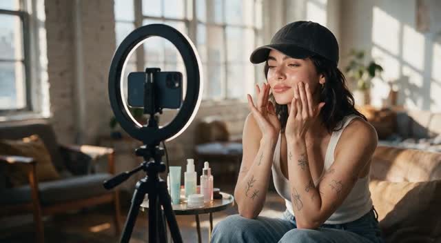 A creator-desk set with a ring light