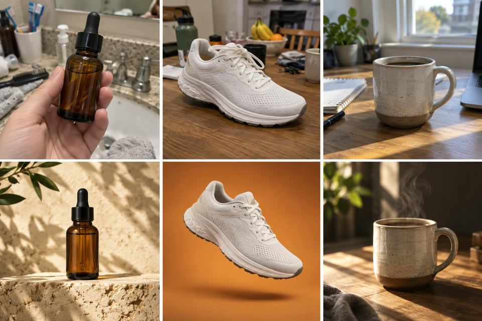 A serum, a sneaker and a mug rendered in several scenes