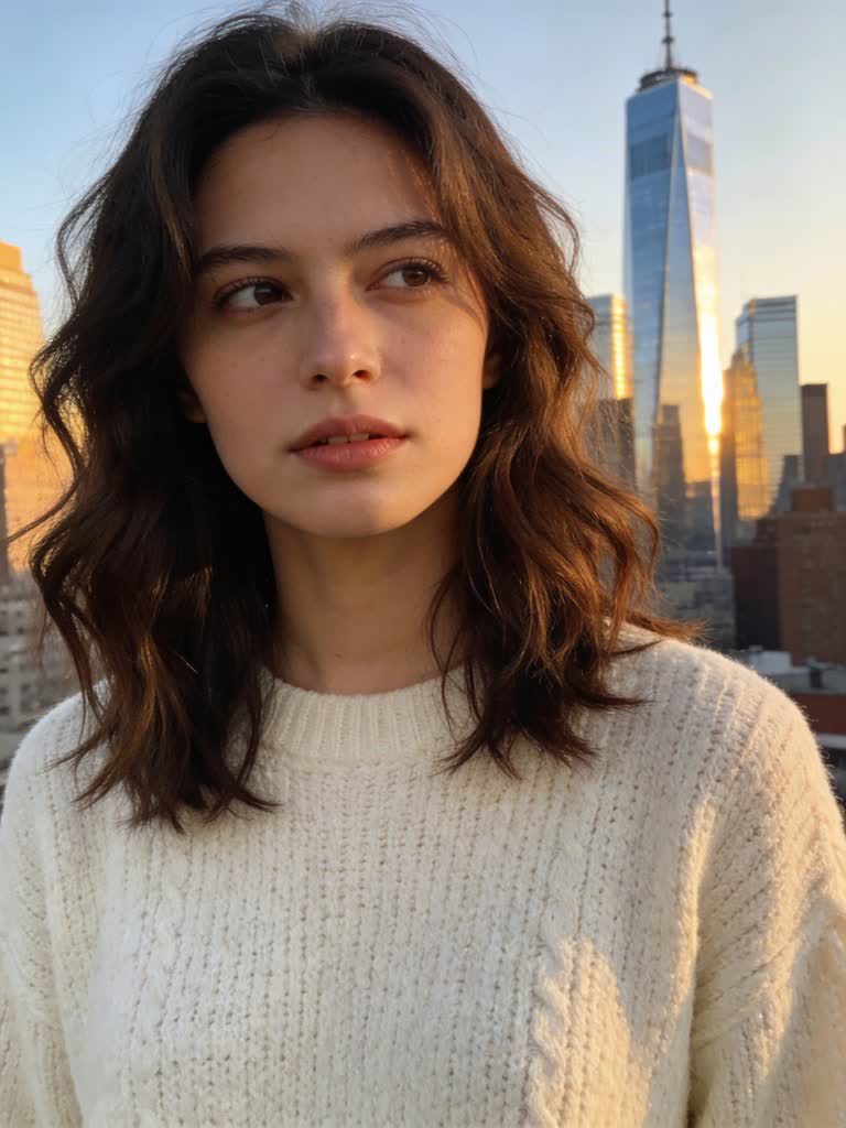 A portrait with a city skyline behind