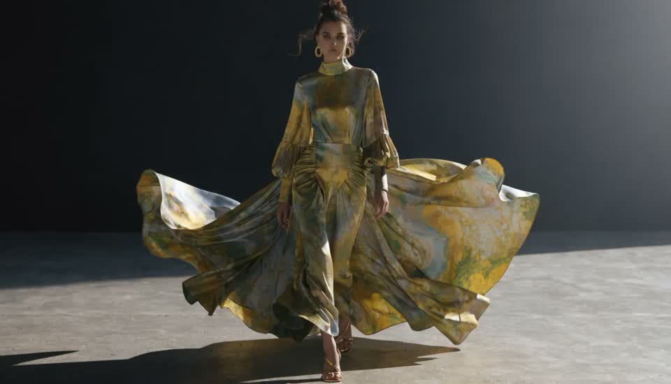 A model in a printed dress generated from a garment