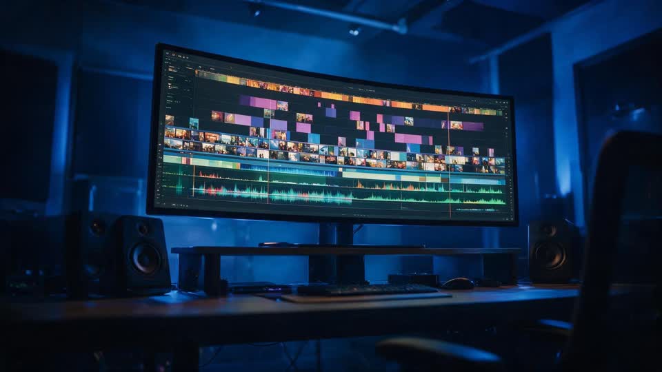 An editing timeline on a wide monitor in a dark studio